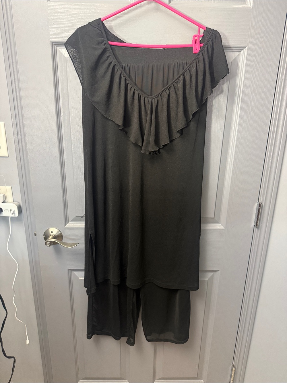 Women's Black Ruffle V-Neck Pajama Set